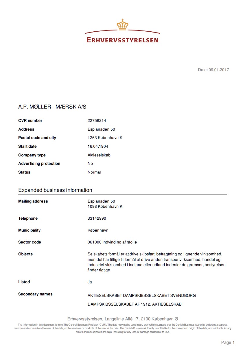 Extracts from the commercial register of Denmark Schmidt & Schmidt